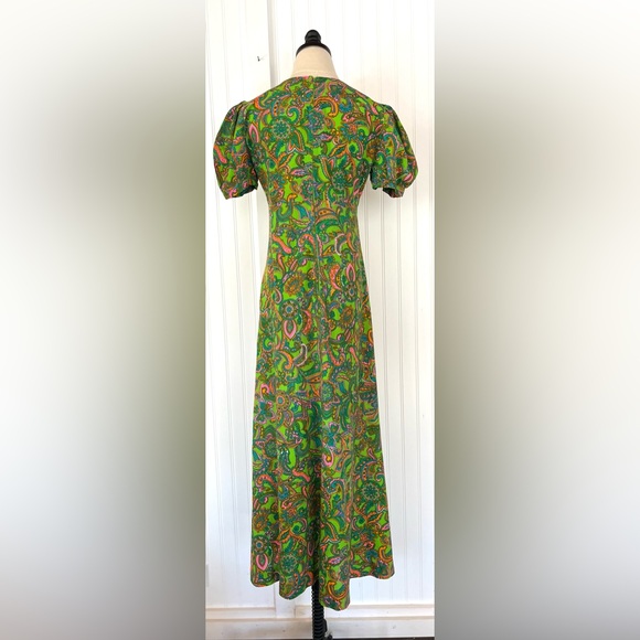 Vintage Psychedelic Colorful Paisley Maxi Dress Puff Sleeves Medium Bright Green - Picture 11 of 14